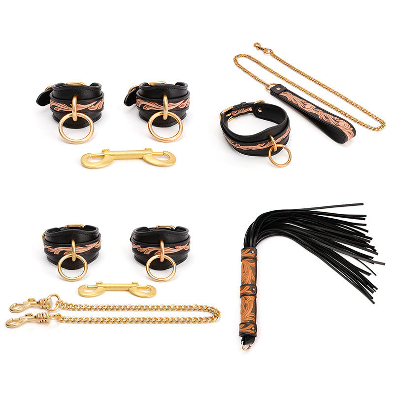 Adult sex products （COW Leather） carving art SM leather alternative collar traction rope restraint set handcuff set